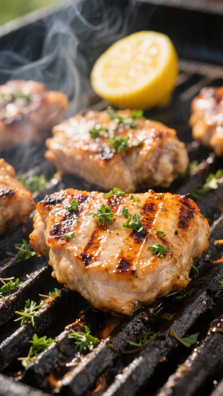 Cooking process: Herby grilled chicken thighs sizzling on a hot grill, close-up of caramelized, ligh