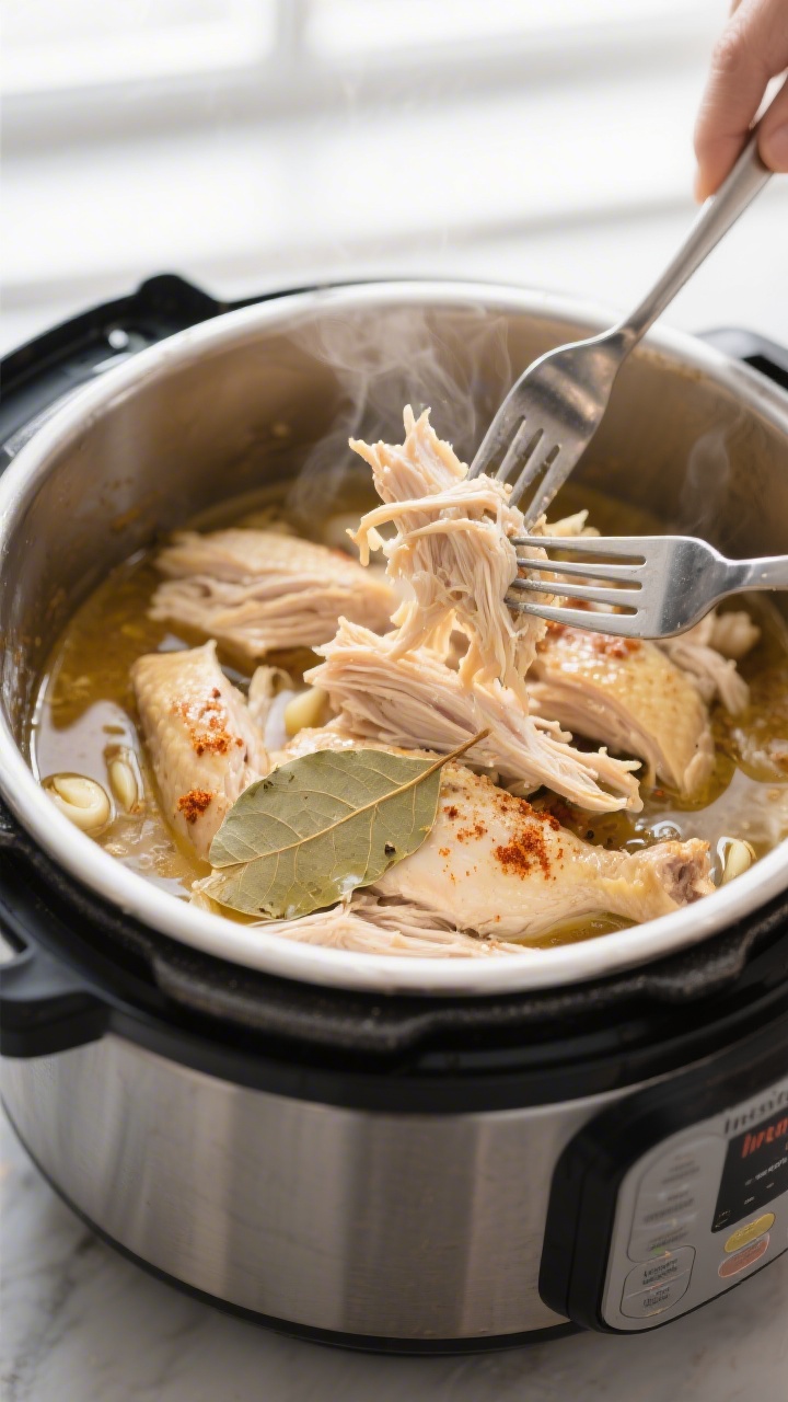 Cooking process — Instant Pot: Steaming-hot, tender shredded chicken just after pressure release i