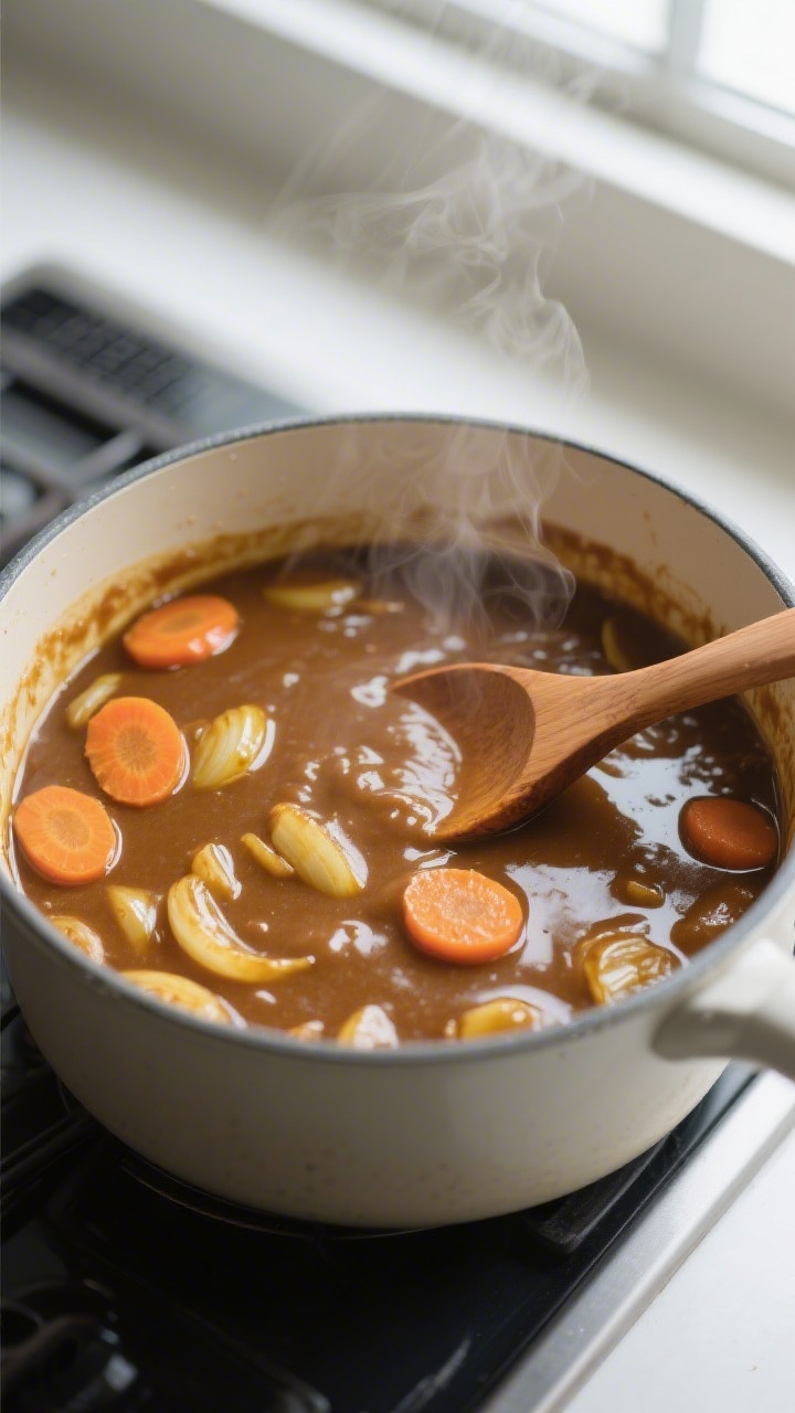 Cooking process: Japanese curry sauce simmering in a medium pot—silky, glossy brown gravy with ten