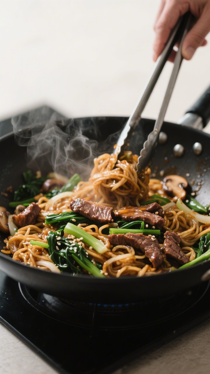 Cooking process: Japchae being finished in a wok—noodles, blanched spinach, and seared beef strips