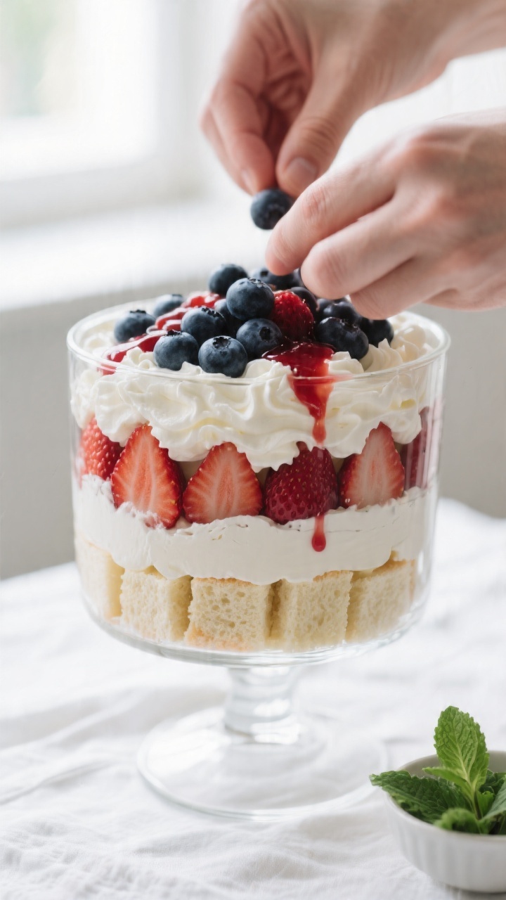 Cooking process – Layering the trifle: Close-up of a glass trifle bowl mid-assembly with neat band