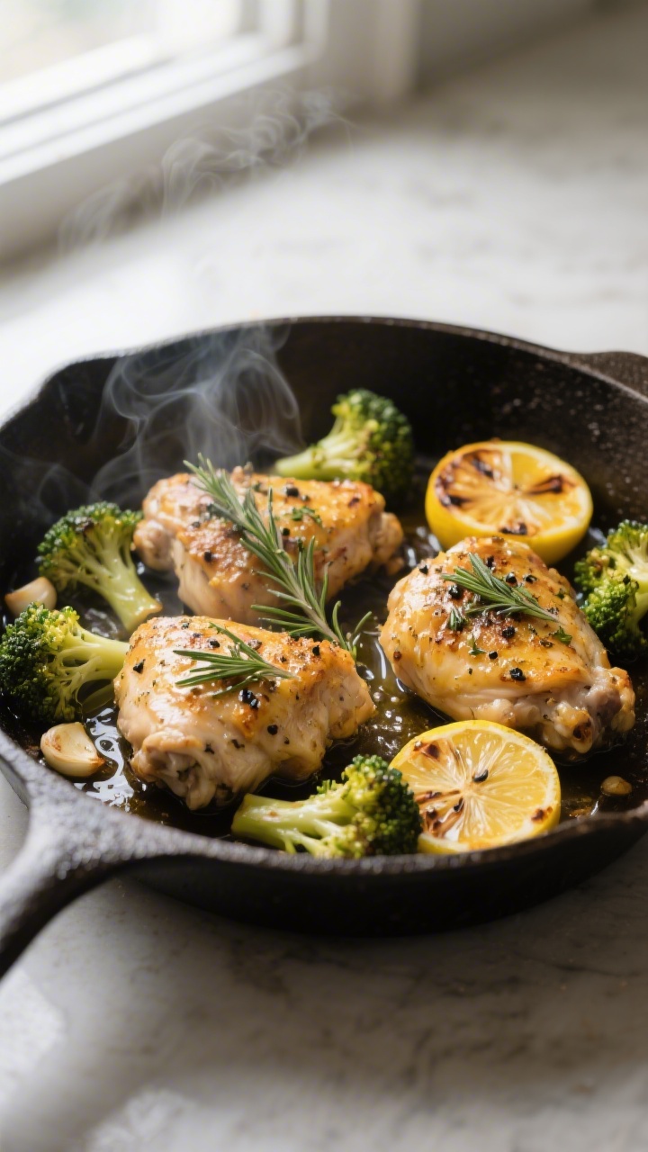 Cooking process: Lemon Herb Chicken Thighs + Roasted Broccoli sizzling in a cast-iron skillet, chick