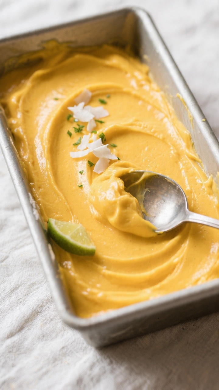 Cooking process: Mango Coconut Nice Cream in a loaf pan being set for scoopable firmness—overhead 