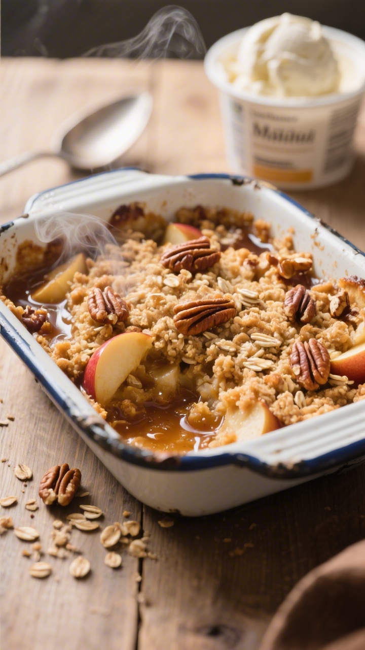 Cooking process: Maple apple crumble just out of the oven in a rustic enamel baking dish, overhead s