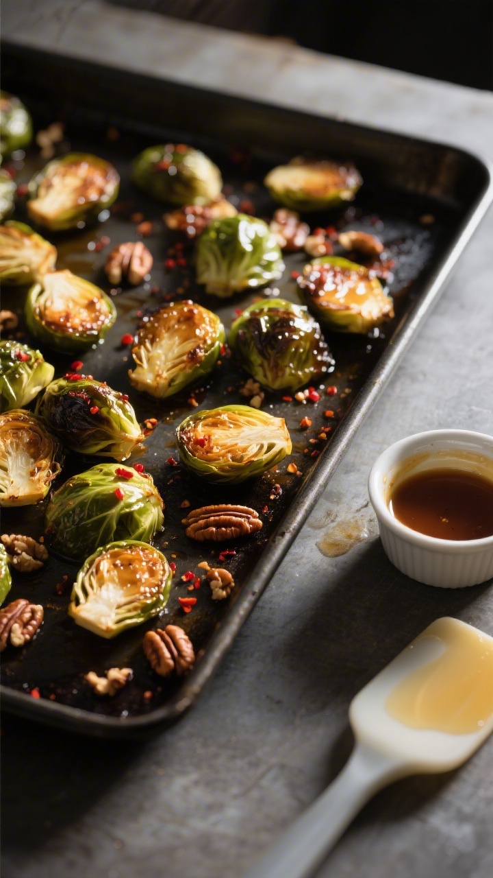 Cooking process: Maple-roasted Brussels sprouts midway through roasting on a dark sheet pan—halved