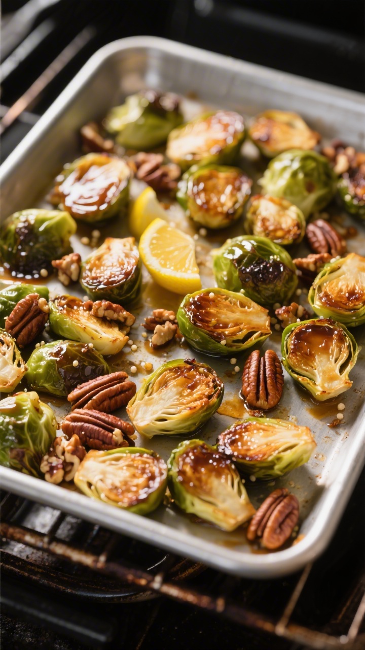 Cooking process: Maple-Roasted Brussels Sprouts with Pecans on a preheated sheet pan in the oven, ov