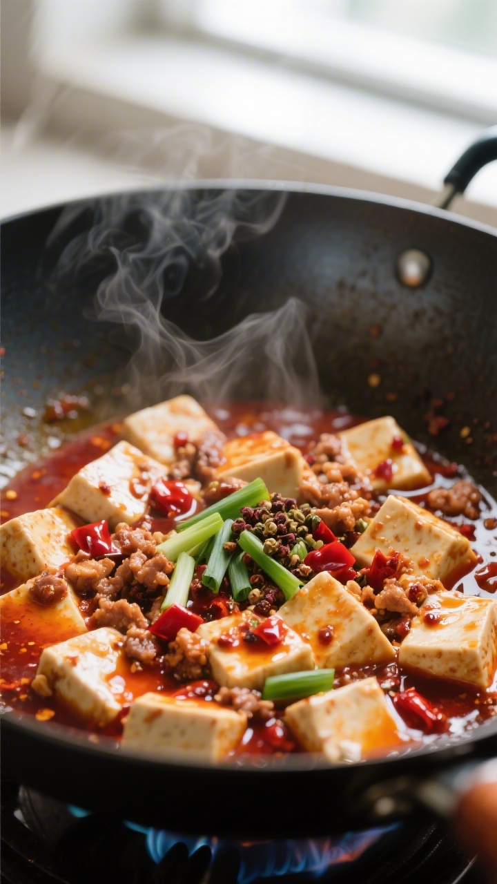 Cooking process – Mapo Tofu: Wok shot of simmering Mapo Tofu with soft tofu cubes gently coated in