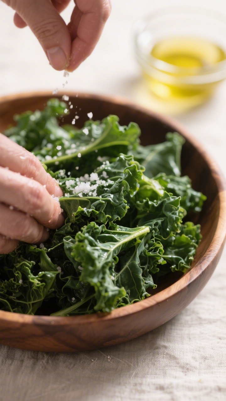 Cooking process – massaging kale: Close-up of prepared kale ribbons being massaged with a light sh
