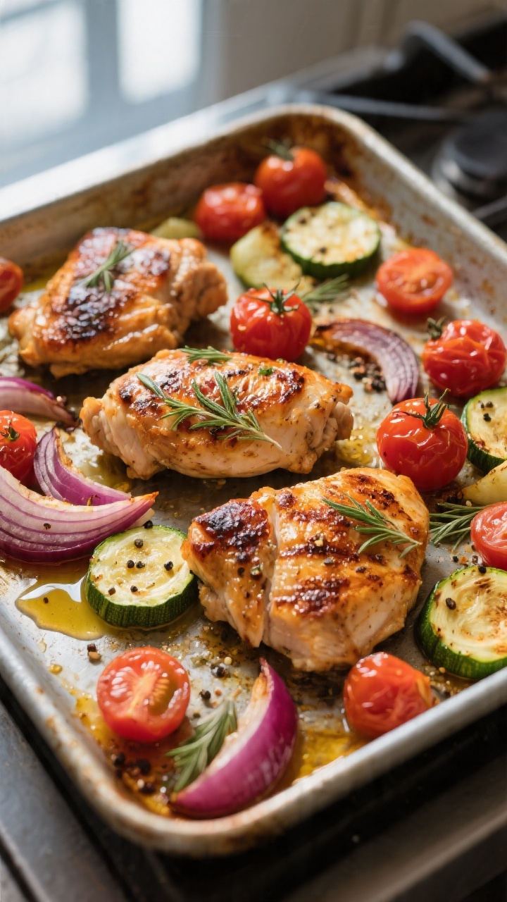 Cooking process: Mediterranean sheet pan chicken mid-roast at 425°F, overhead shot of caramelized c