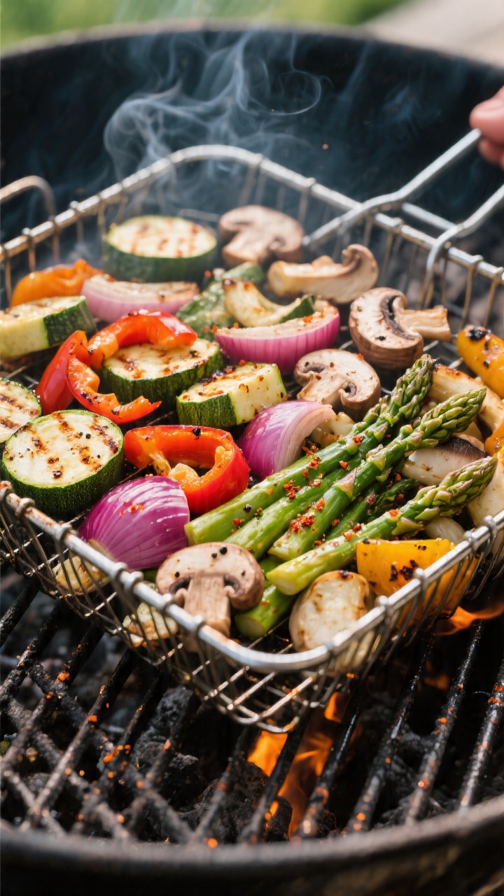 Cooking process: Mixed vegetables (zucchini, bell peppers, red onion wedges, asparagus, and mushroom