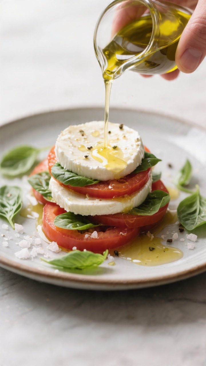 Cooking/process moment: Caprese salad being finished—olive oil poured in a thin, even stream over 