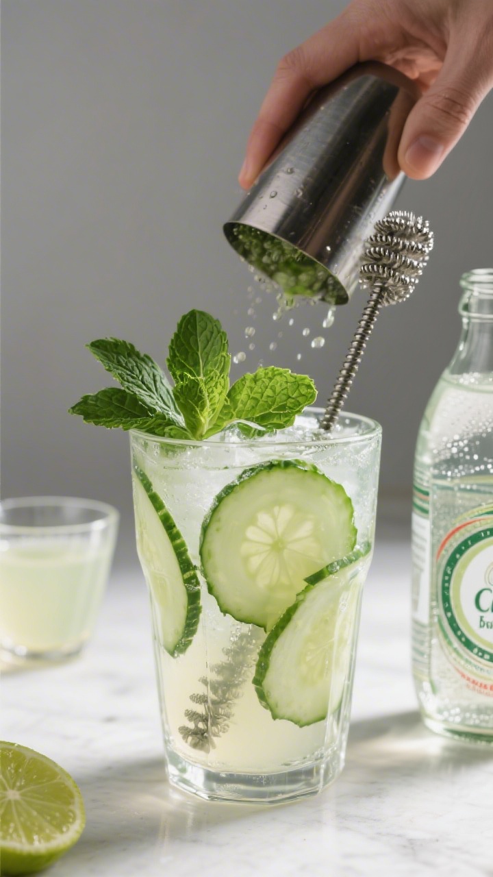 Cooking process: Muddling stage for a Cucumber-Mint Cooler in a clear shaker glass—2–3 transluce