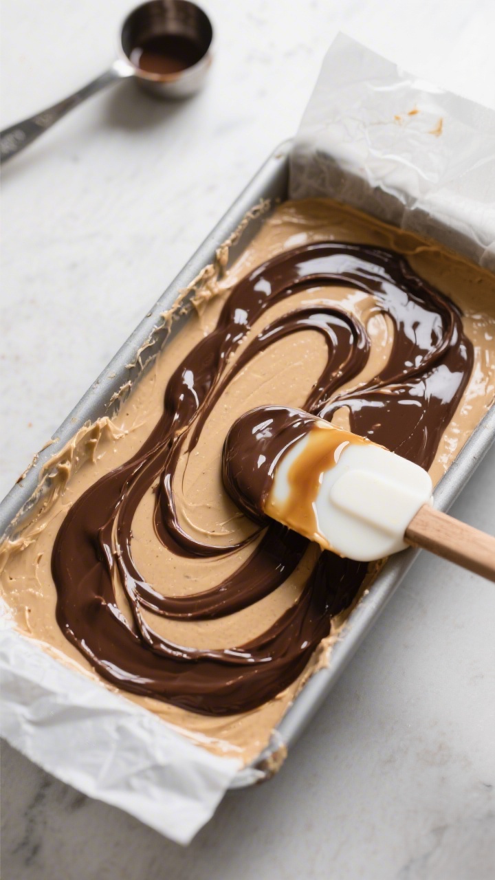 Cooking process: No-churn Peanut Butter Fudge Ripple being assembled in a lined loaf pan, overhead s