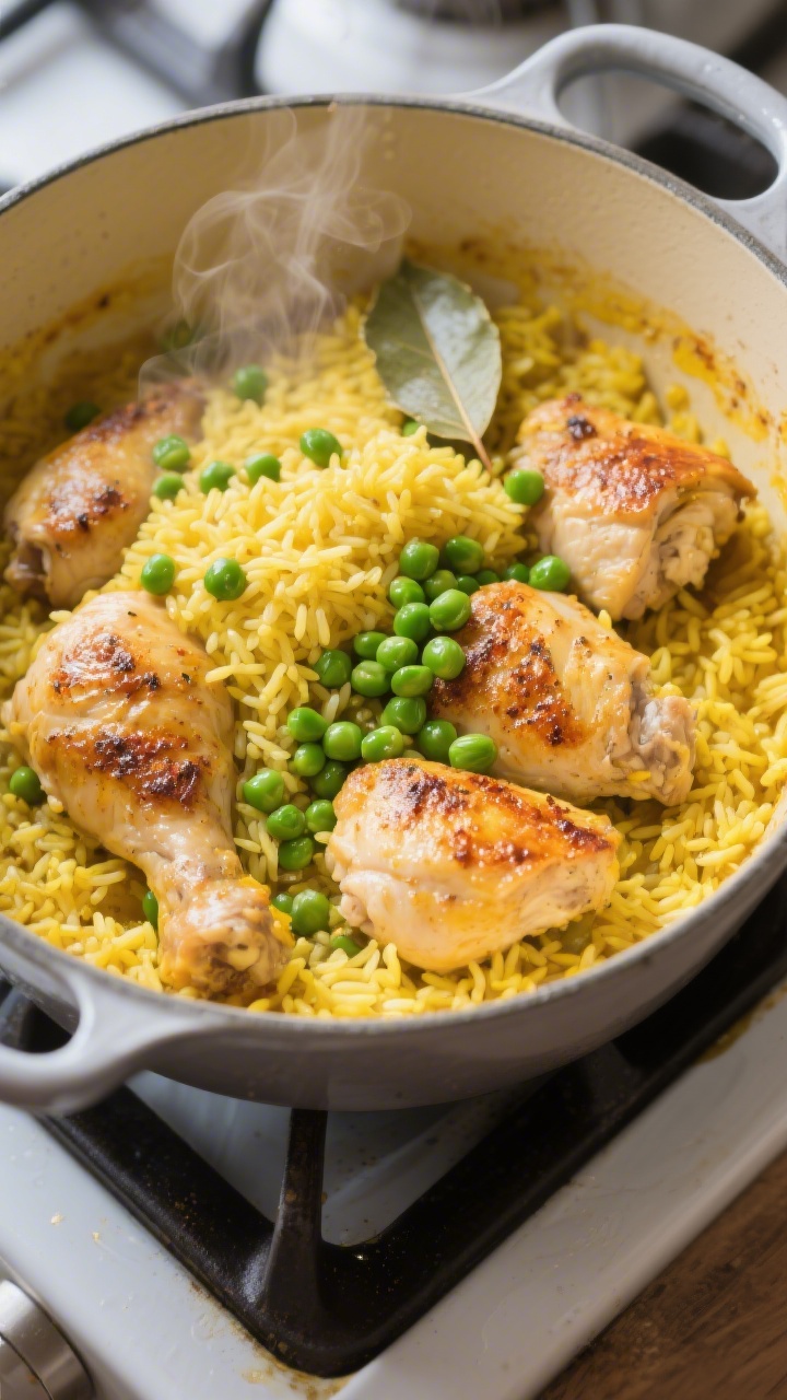 Cooking process — One-pot chicken yellow rice simmering in a wide, heavy Dutch oven: seared bonele