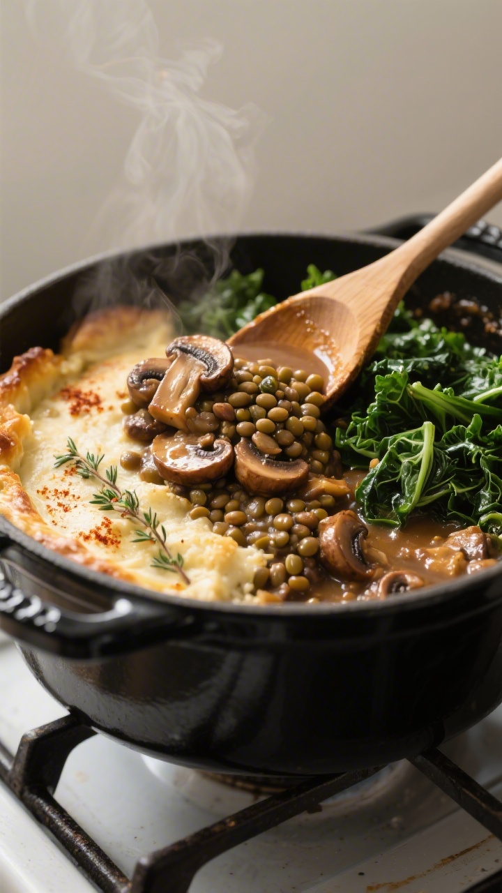 Cooking process: One-Pot Lentil and Mushroom Shepherd’s Pie filling in a black enameled Dutch oven
