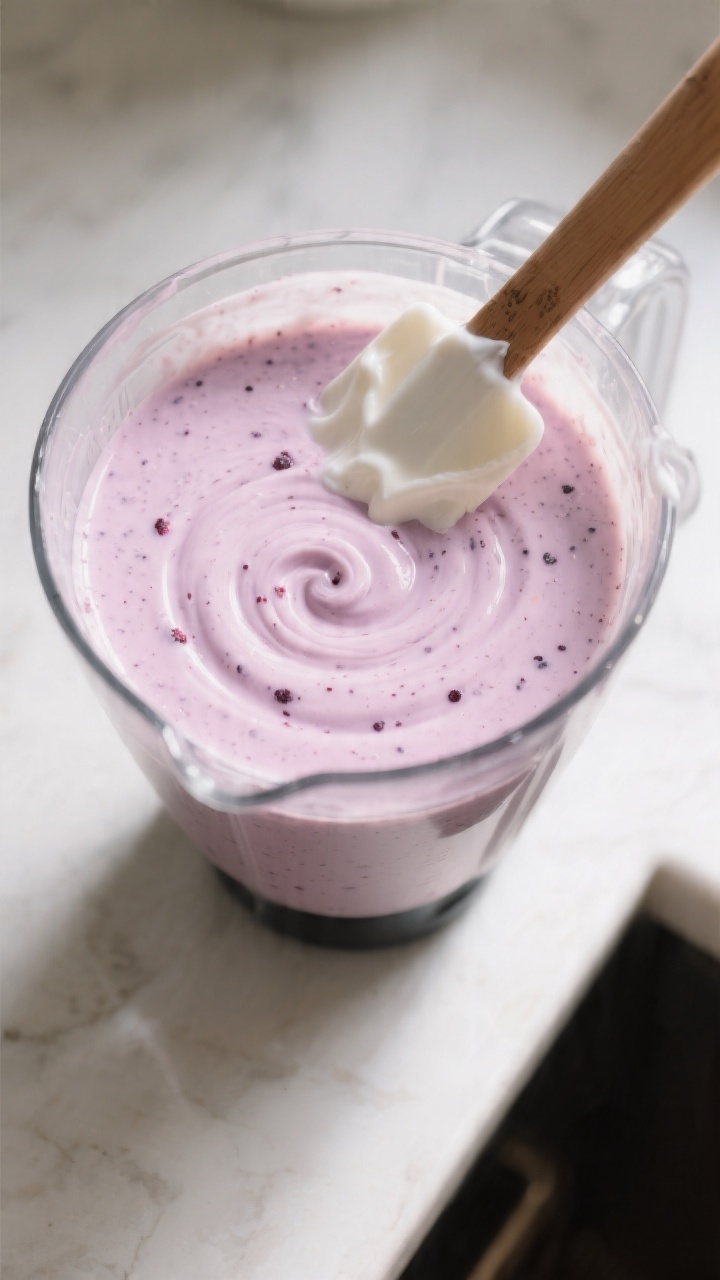 Cooking process: Overhead shot of a blender jar just after blending a Greek yogurt smoothie—ultra-