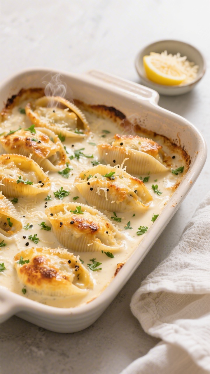 Cooking process: Overhead shot of a casserole dish just out of the oven, stuffed shells nestled in a