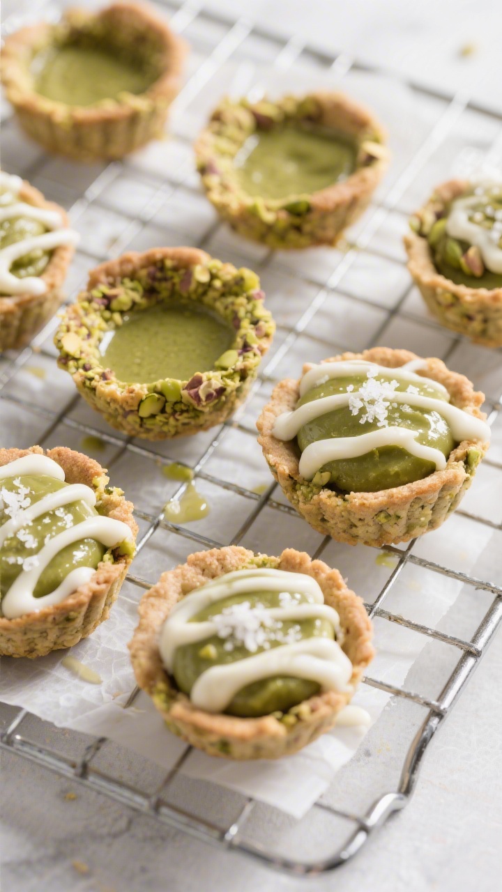 Cooking process: Overhead shot of a cooling rack lined with pistachio cookie cups, some filled with 