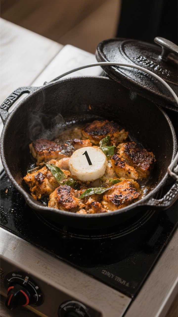 Cooking process: Overhead shot of a heavy skillet/Dutch oven with 1–