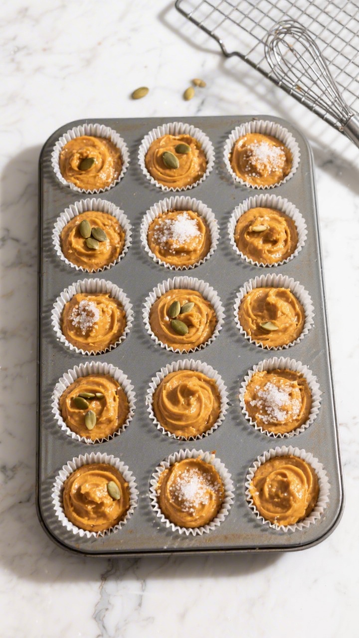 Cooking process: Overhead shot of a lined 12-cup muffin pan just filled to the brim with thick, scoo