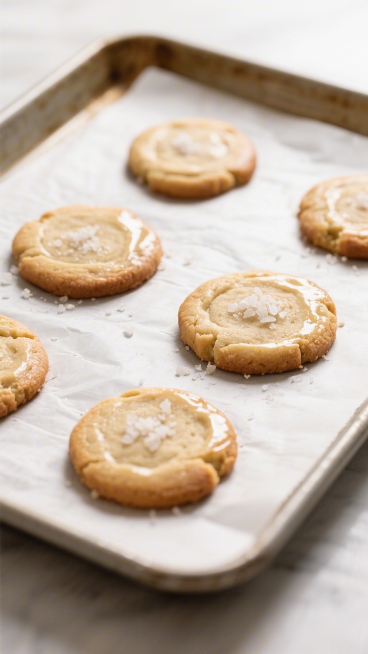 Cooking process: Overhead shot of a parchment-lined baking sheet as cookies rest 5 minutes after com