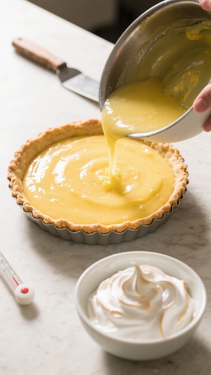Cooking process: Overhead shot of assembly in progress—hot, glossy lemon curd being poured into a 