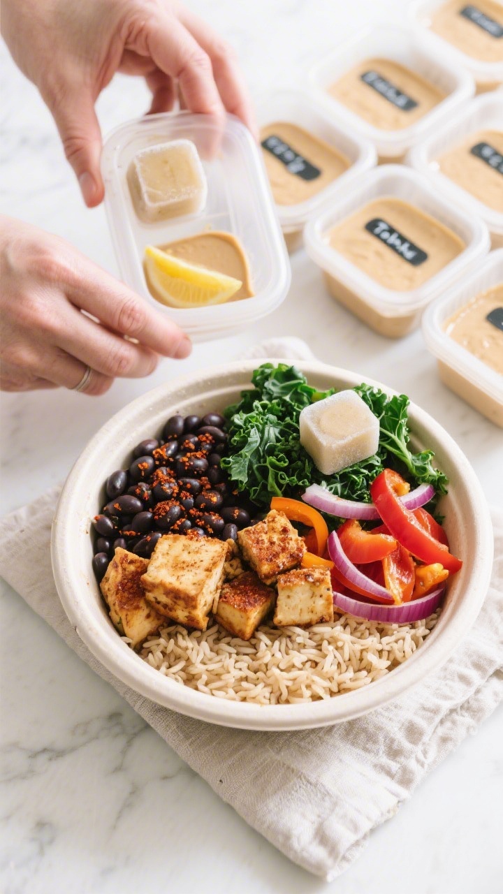 Cooking process: Overhead shot of assembly in progress for vegan freezer prep lunch bowls—neatly l