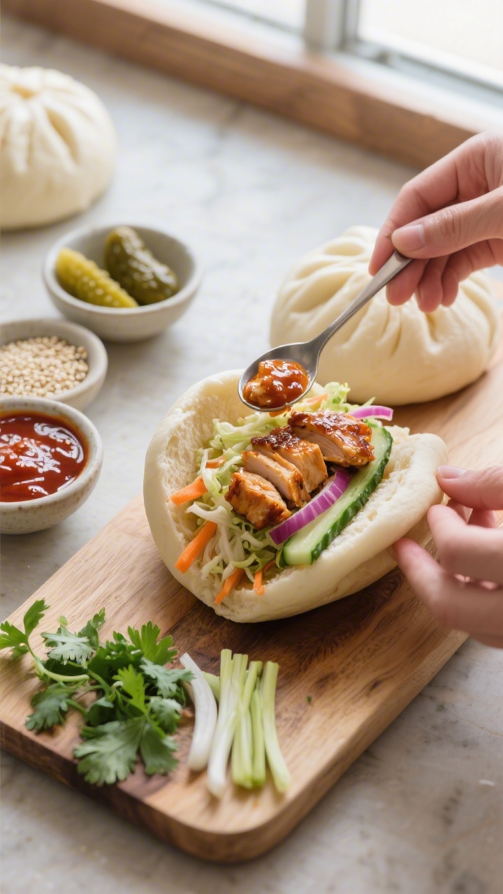 Cooking process: Overhead shot of bao assembly in progress—steamed folded buns opened on a wooden 