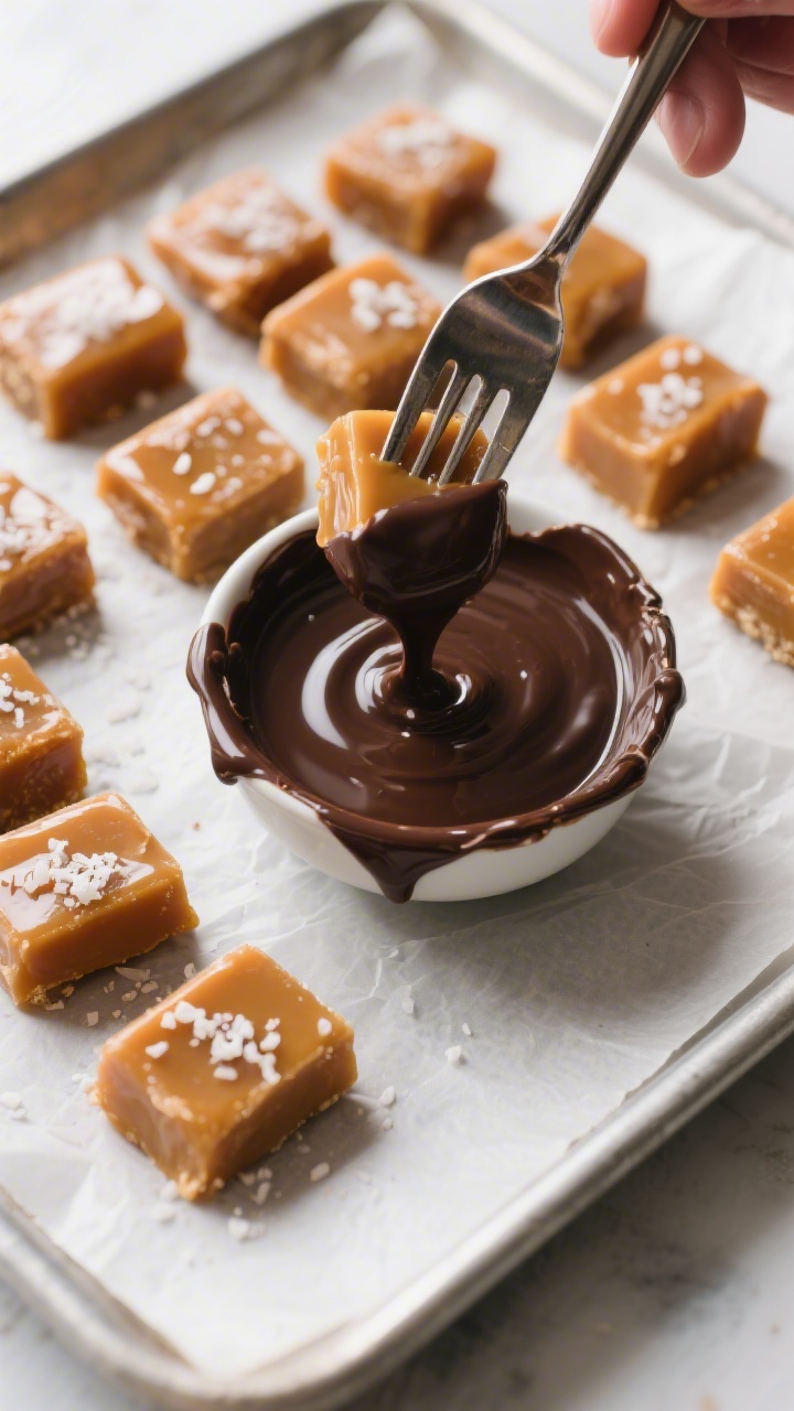 Cooking process: Overhead shot of chilled vegan caramel chews being dipped into melted dark chocolat