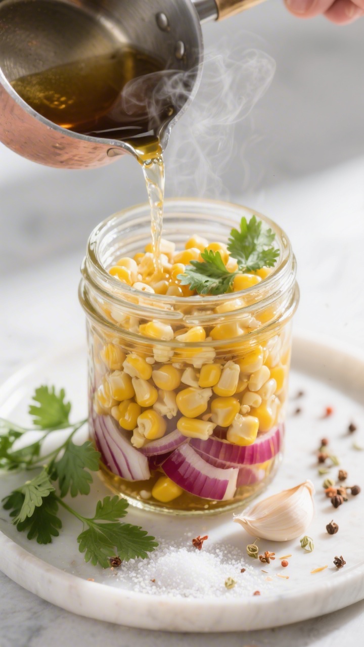 Cooking process: Overhead shot of freshly blanched corn kernels being packed into a warm, sterilized