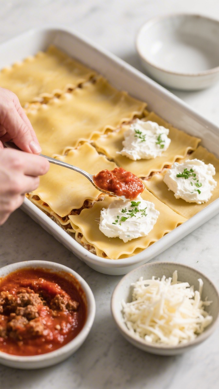 Cooking process: Overhead shot of lasagna assembly mid-layer—par-cooked noodles laid in a 9x13 dis