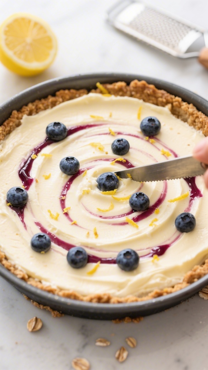 Cooking process: Overhead shot of Lemon Blueberry Cheesecake just after assembly, showing the pale l