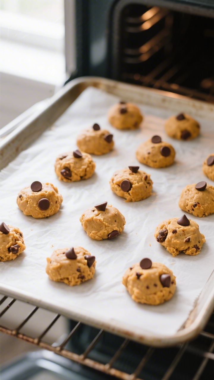 Cooking process: Overhead shot of neatly scooped, chilled 2-tablespoon mounds of pumpkin cookie doug