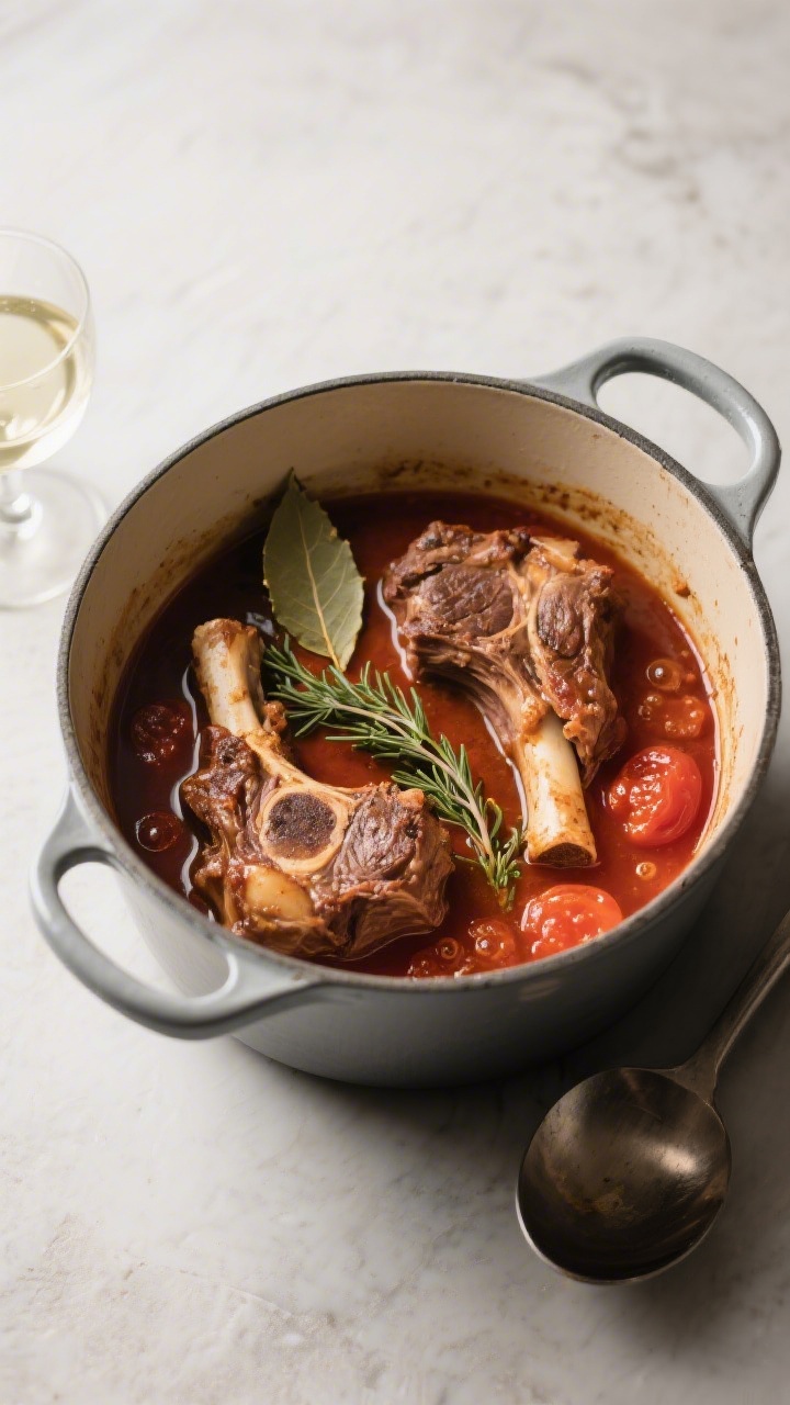 Cooking process: Overhead shot of osso buco mid-braise in a heavy Dutch oven—shanks nestled in a h