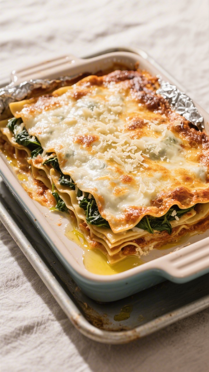Cooking process: Overhead shot of the assembled lasagna mid-bake stage just after foil is removed—