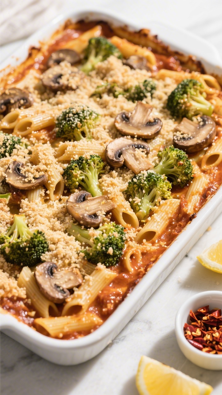 Cooking process: Overhead shot of the assembled pasta bake just out of the oven in a 9x13 dish—sau