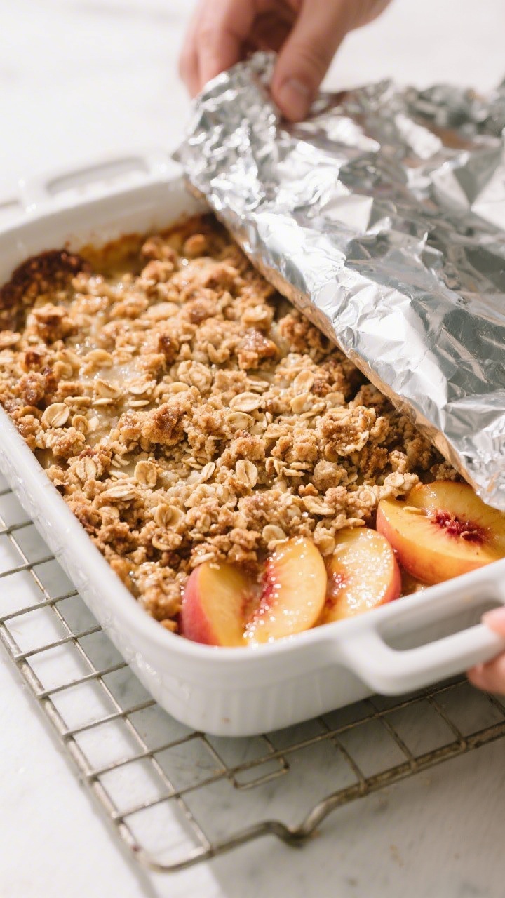 Cooking process: Overhead shot of the assembled peach crisp mid-bake being tented loosely with foil