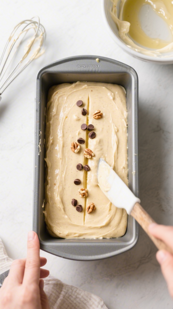 Cooking process: Overhead shot of the batter just poured into a 9x5-inch loaf pan, surface smoothed 