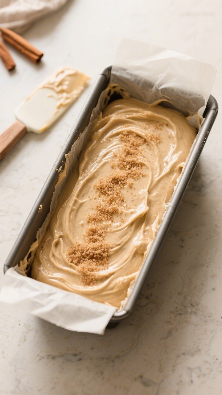 Cooking process: Overhead shot of the batter just poured into a parchment-lined 9x5-inch loaf pan, s