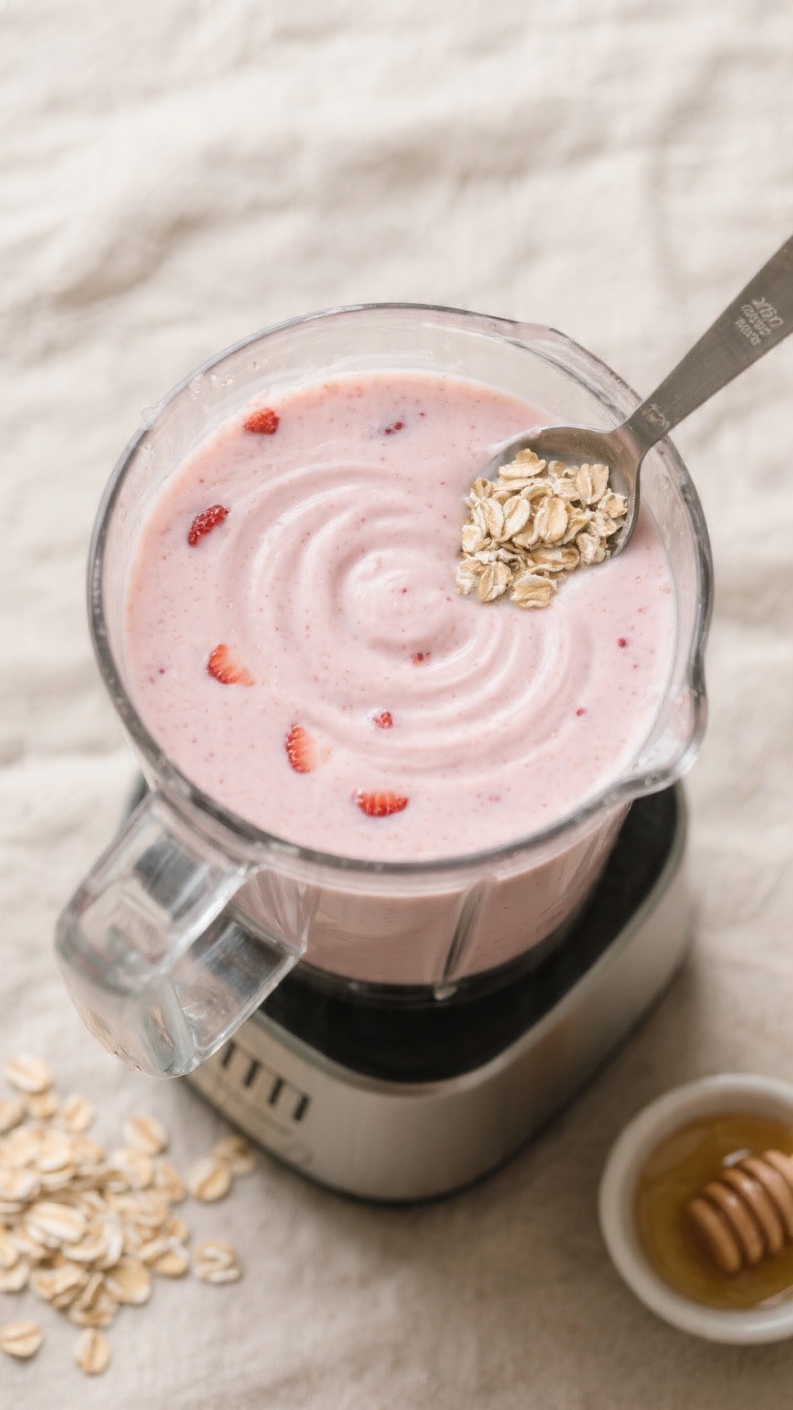 Cooking process: Overhead shot of the blender just after blending, lid off, revealing a smooth, pale