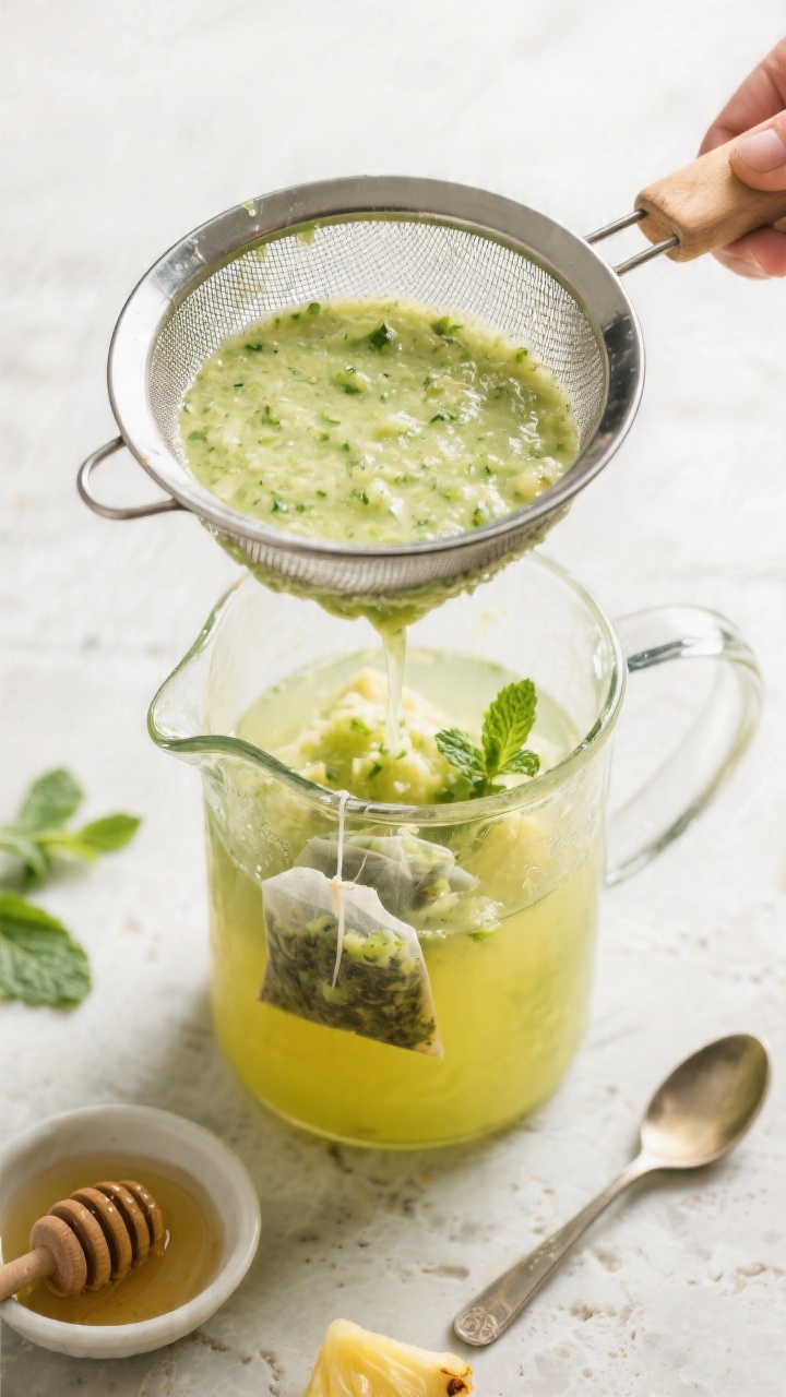 Cooking process: Overhead shot of the blending stage—smooth, fully blended pineapple–mint mixtur