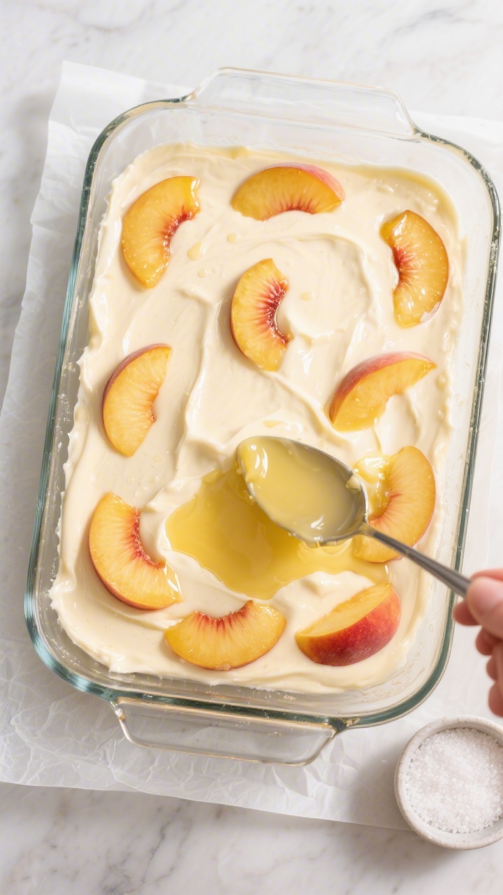 Cooking process: Overhead shot of the “butter-on-the-bottom” layering step in a 9x13 glass bakin