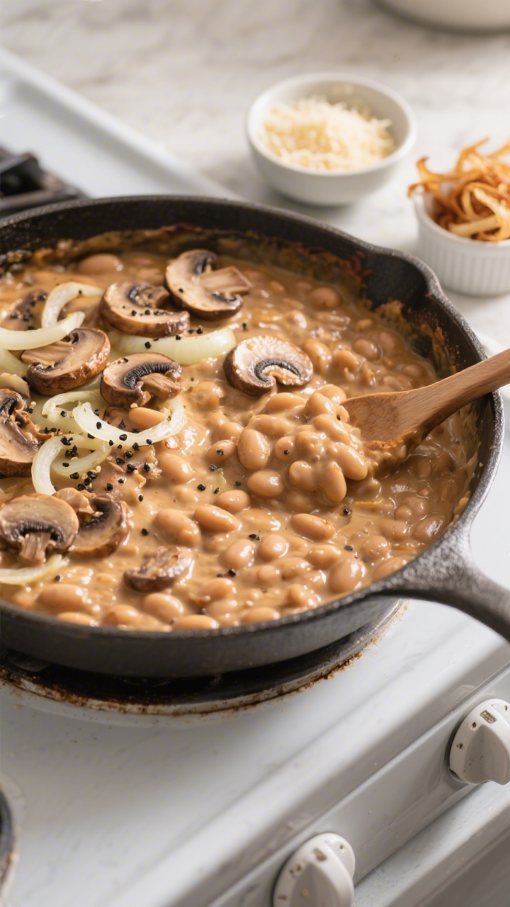 Cooking process: Overhead shot of the casserole mid-bake in an oven-safe skillet, sauce thickened an