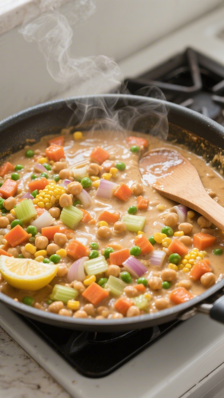Cooking process: Overhead shot of the creamy chickpea filling simmering in a large skillet, captured