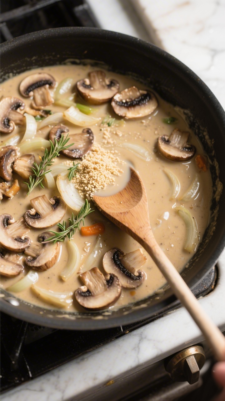 Cooking process: Overhead shot of the creamy mushroom sauce stage in a wide skillet—sautéed cremi