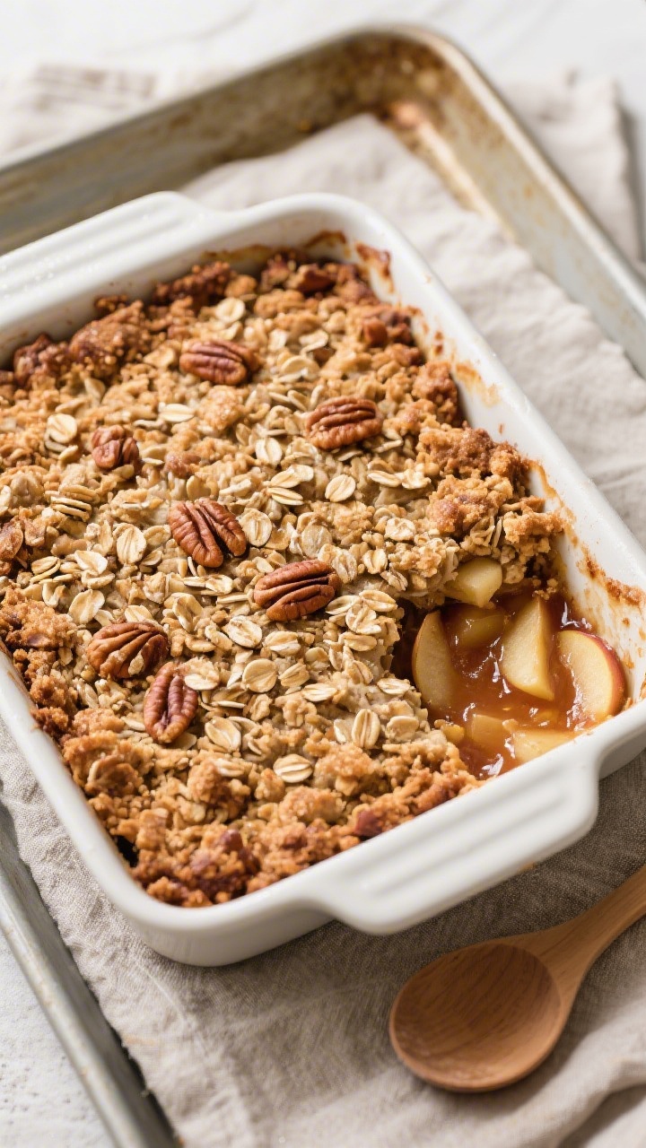Cooking process: Overhead shot of the crisp in a 9x9 baking dish fresh from the oven on a sheet pan,