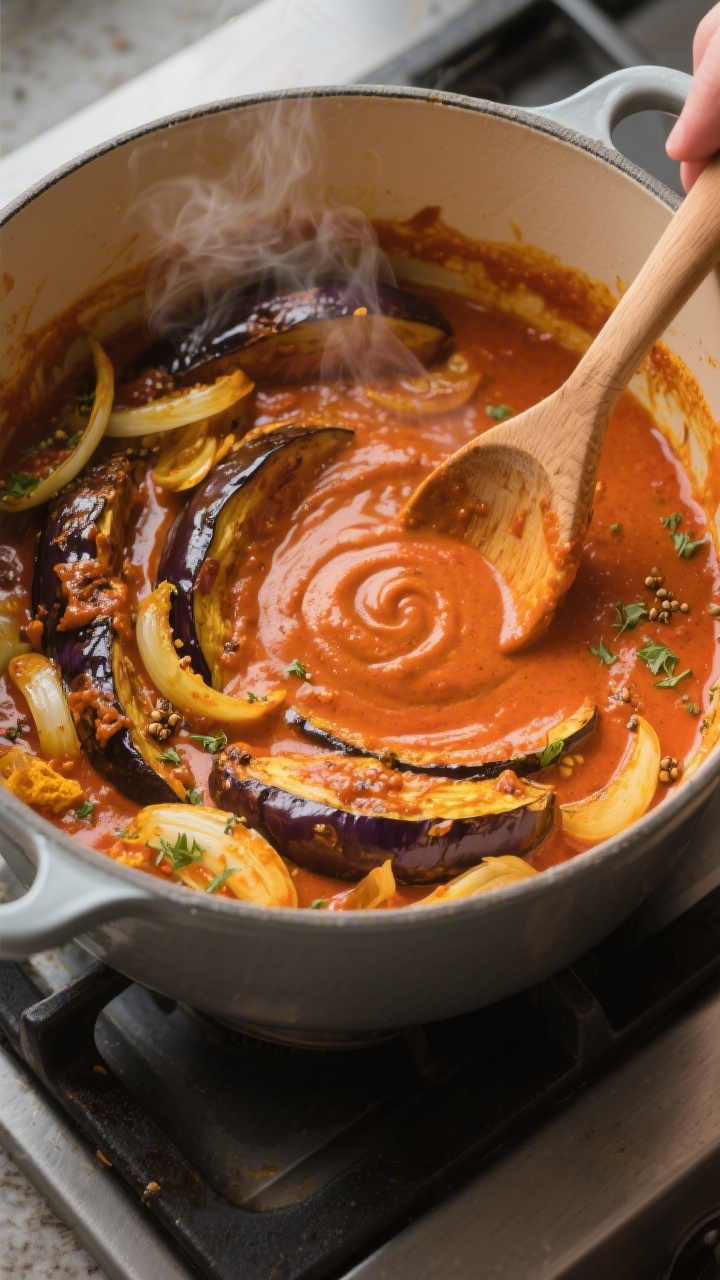 Cooking process: Overhead shot of the curry simmering in a wide Dutch oven, browned eggplant returne