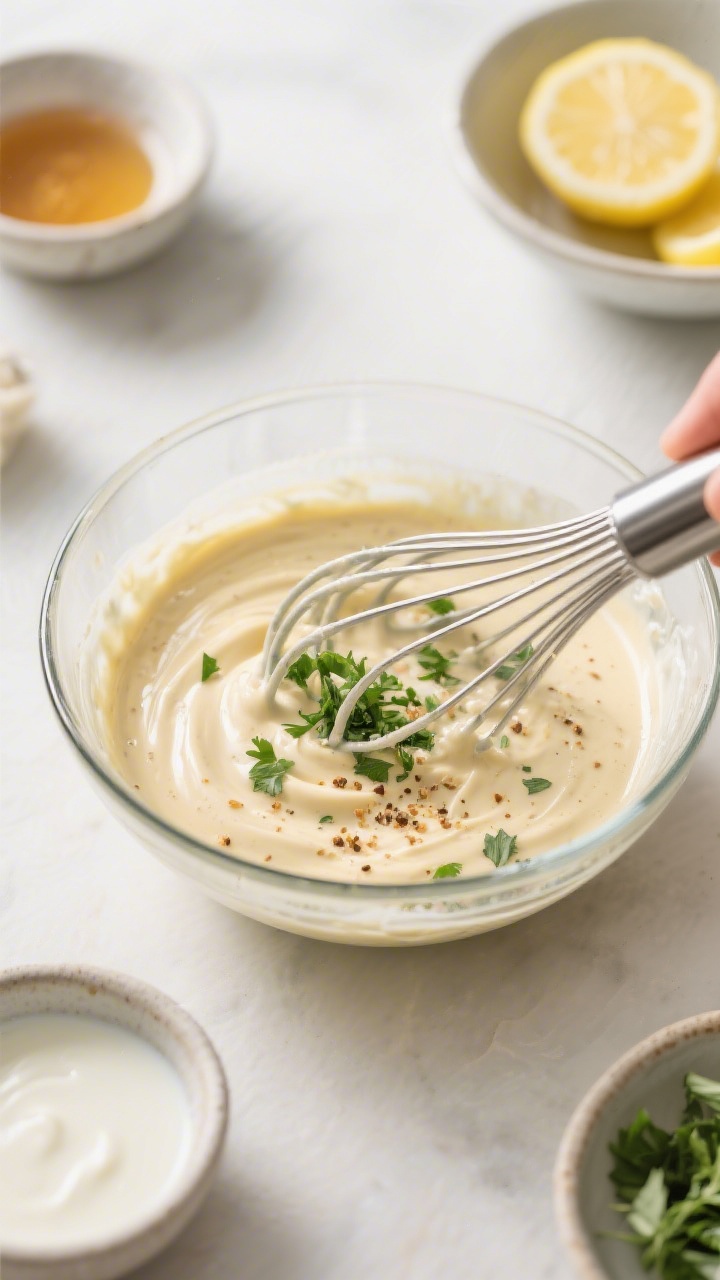 Cooking process: Overhead shot of the dressing being whisked in a clear glass mixing bowl—plant-ba