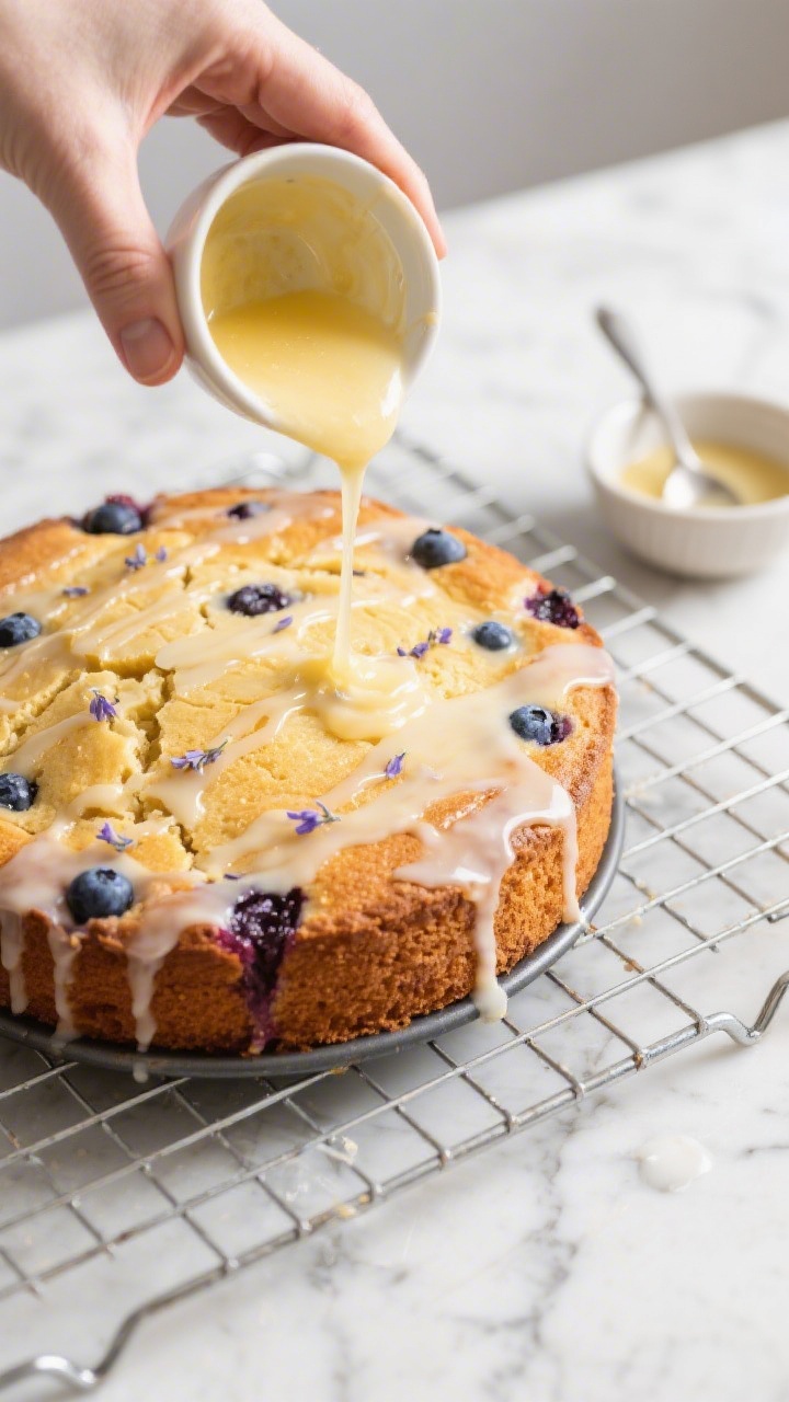 Cooking process: Overhead shot of the freshly baked round Blueberry Lavender Cake just out of the pa