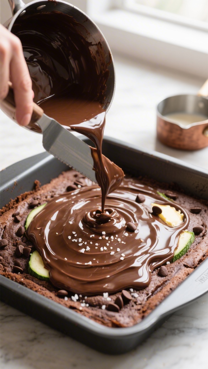 Cooking process: Overhead shot of the glossy chocolate glaze being poured and gently spread over a s